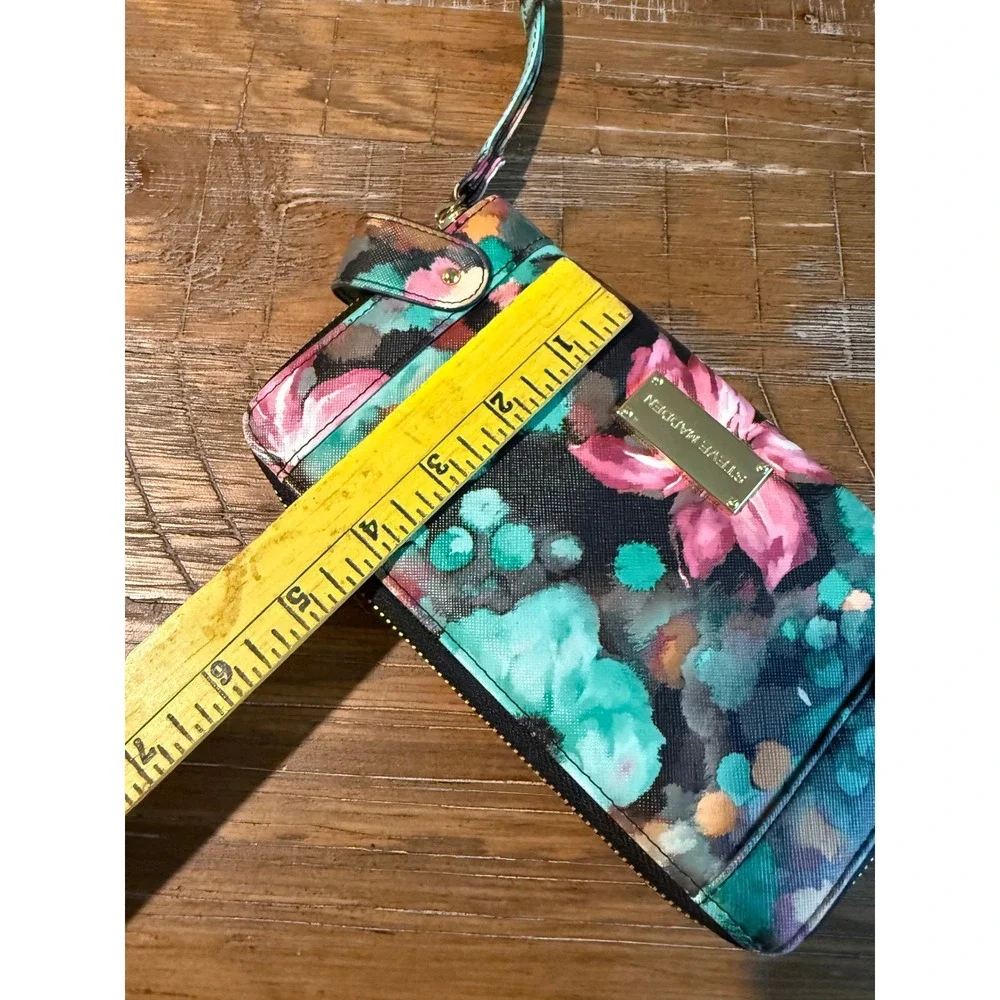 Steve Madden Floral Zip Around Wristlet Wallet Teal Pink‎ Gold Hardware